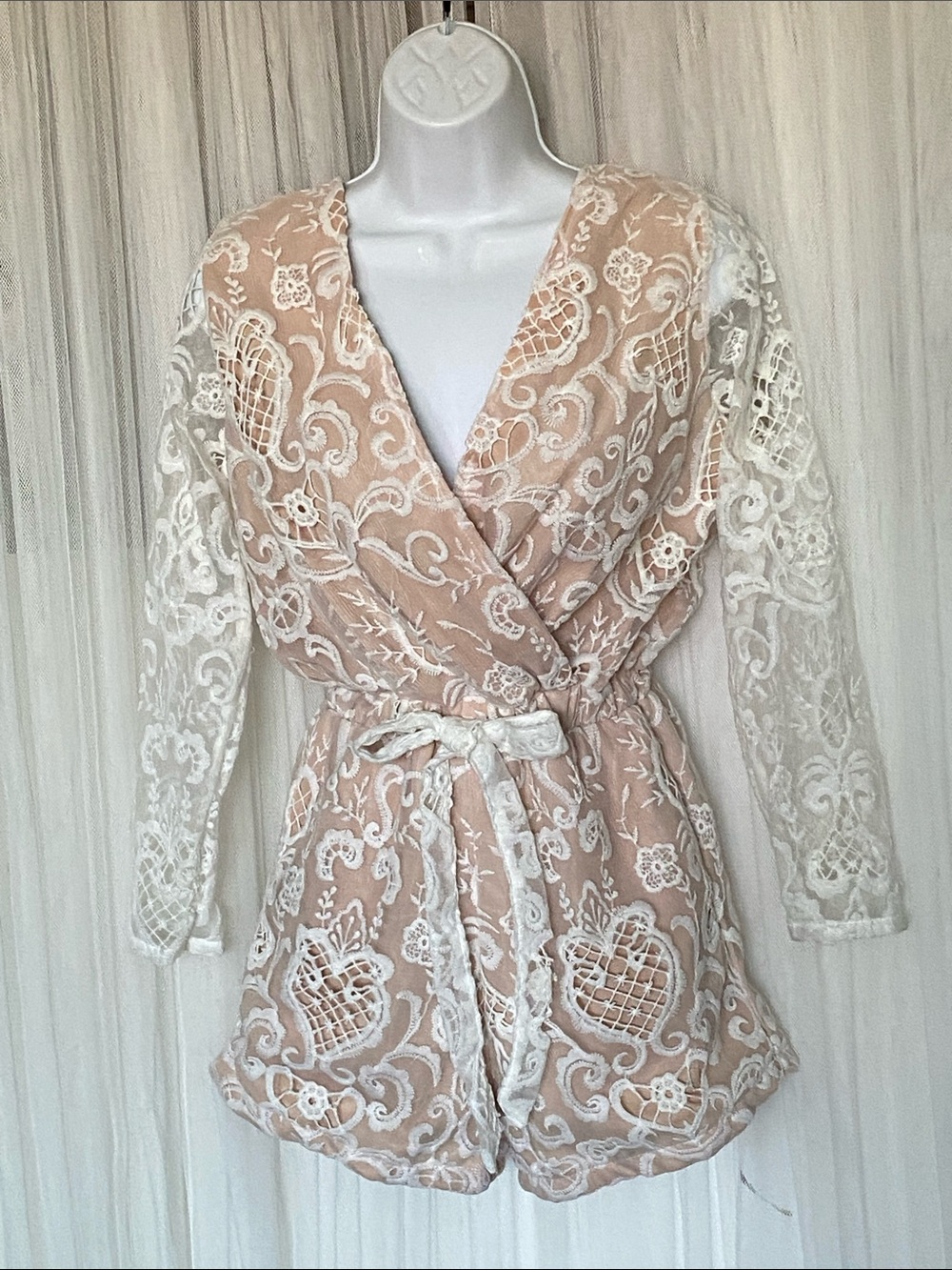 Women's Lace Overlay Wrap Romper - Blush/Cream by Two Sisters Long Sleeves Sz 6